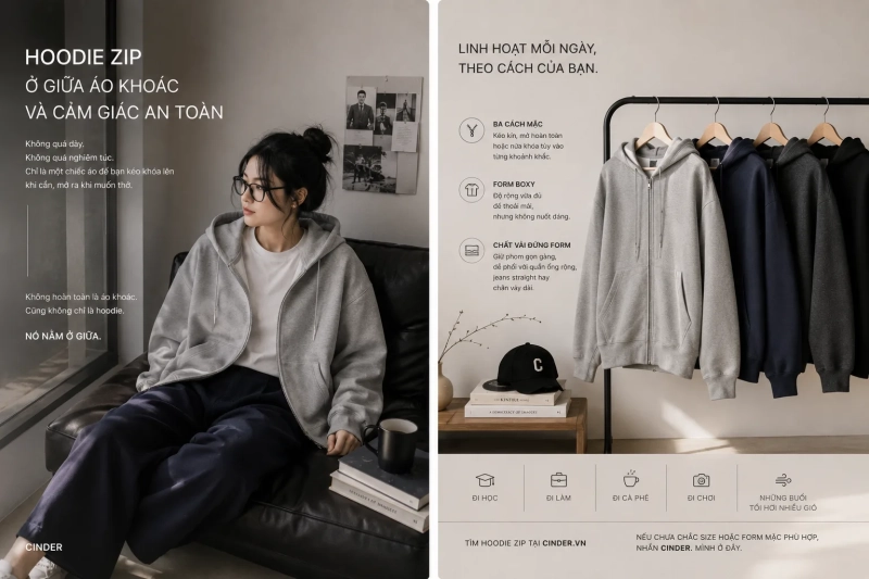 Hoodie Zip — chiếc áo ở giữa áo khoác và cảm giác an toàn